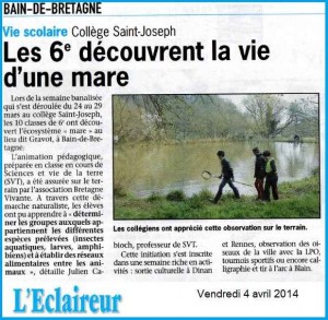 Etude de l'écosystème aquatique - Collège Saint Joseph Bain-de-Bretagne